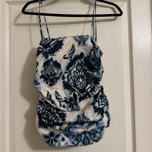 Zara White & Blue Printed Ruched Spaghetti Strap Tank